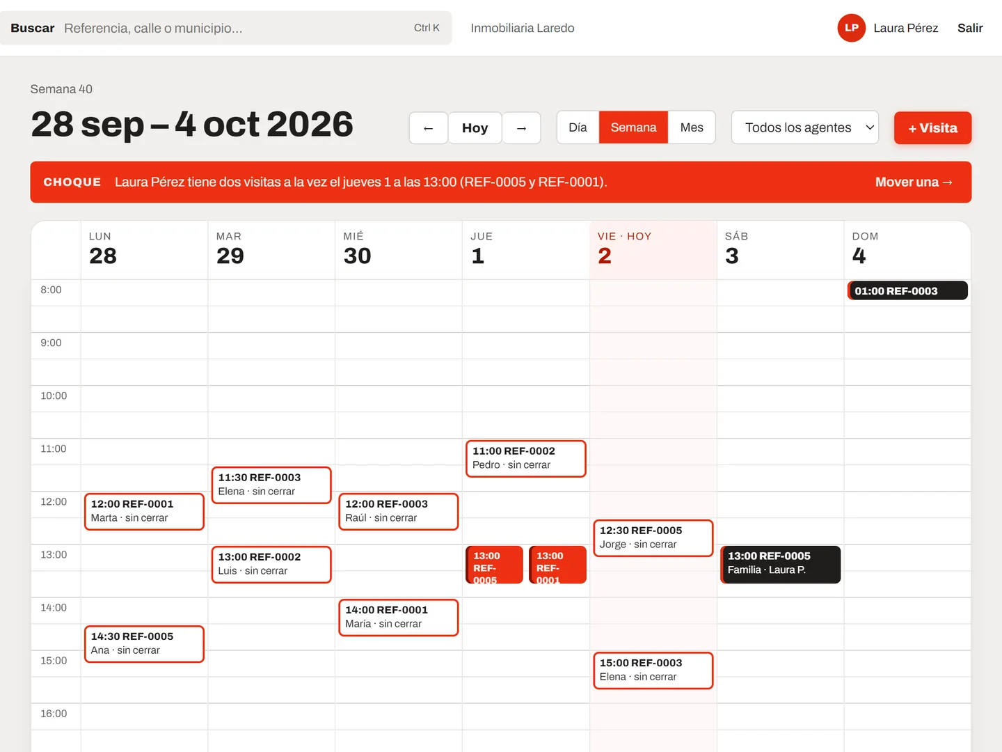 Calendario semanal de Propiris avisando de que una agente tiene dos visitas a la vez